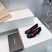 CHANEL 26S SQUARE-TOE HIGH HEELS 95 MM IN BLACK SUEDE AND LAMBSKIN
