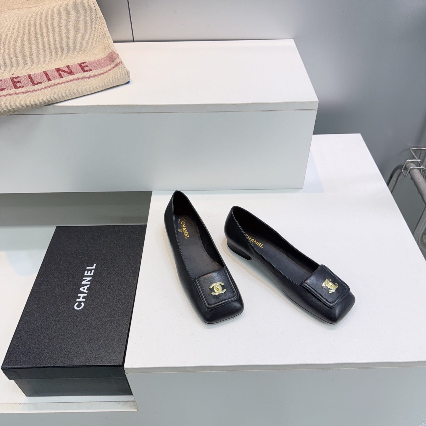 CHANEL 26S SQUARE-TOE BALLET FLATS IN BLACK LAMBSKIN