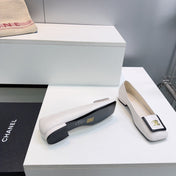 CHANEL 26S SQUARE-TOE BALLET FLATS IN WHITE WITH BLACK TRIM LAMBSKIN