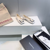 CHANEL 26S SQUARE-TOE BALLET FLATS IN WHITE WITH BLACK TRIM LAMBSKIN