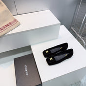 CHANEL 26S SQUARE-TOE BALLET FLATS IN BLACK SUEDE