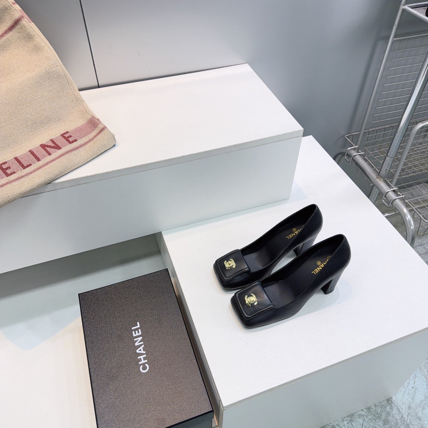 CHANEL 26S SQUARE-TOE HIGH HEELS 95 MM IN BLACK LAMBSKIN