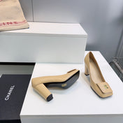 CHANEL 26S SQUARE-TOE HIGH HEELS 95 MM IN BEIGE LAMBSKIN