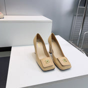CHANEL 26S SQUARE-TOE HIGH HEELS 95 MM IN BEIGE LAMBSKIN