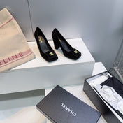 CHANEL 26S SQUARE-TOE HIGH HEELS 95 MM IN BLACK SUEDE