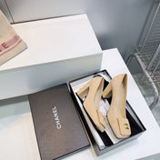 CHANEL 26S SQUARE-TOE HIGH HEELS 95 MM IN BEIGE SUEDE