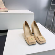 CHANEL 26S SQUARE-TOE HIGH HEELS 95 MM IN BEIGE SUEDE