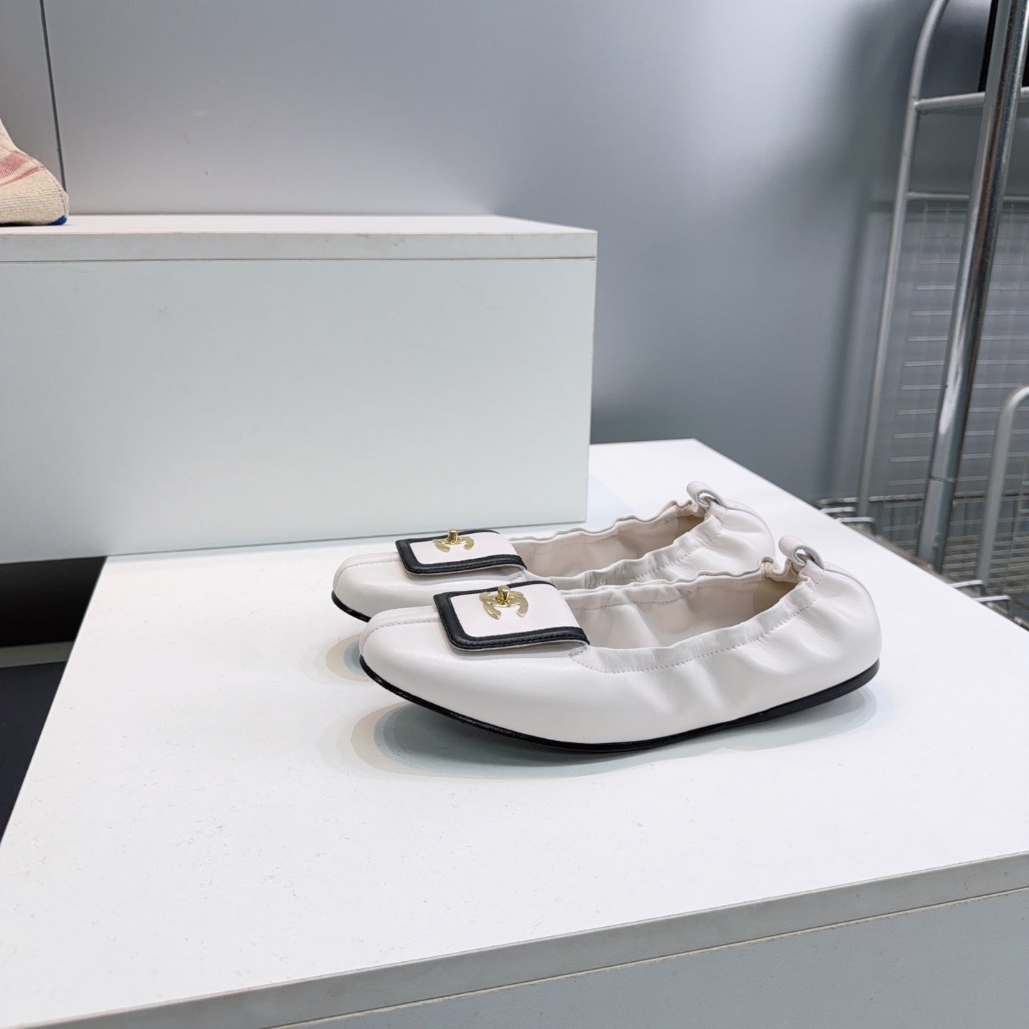 CHANEL 26S BALLERINA FLATS IN WHITE WITH BLACK TRIM LAMBSKIN