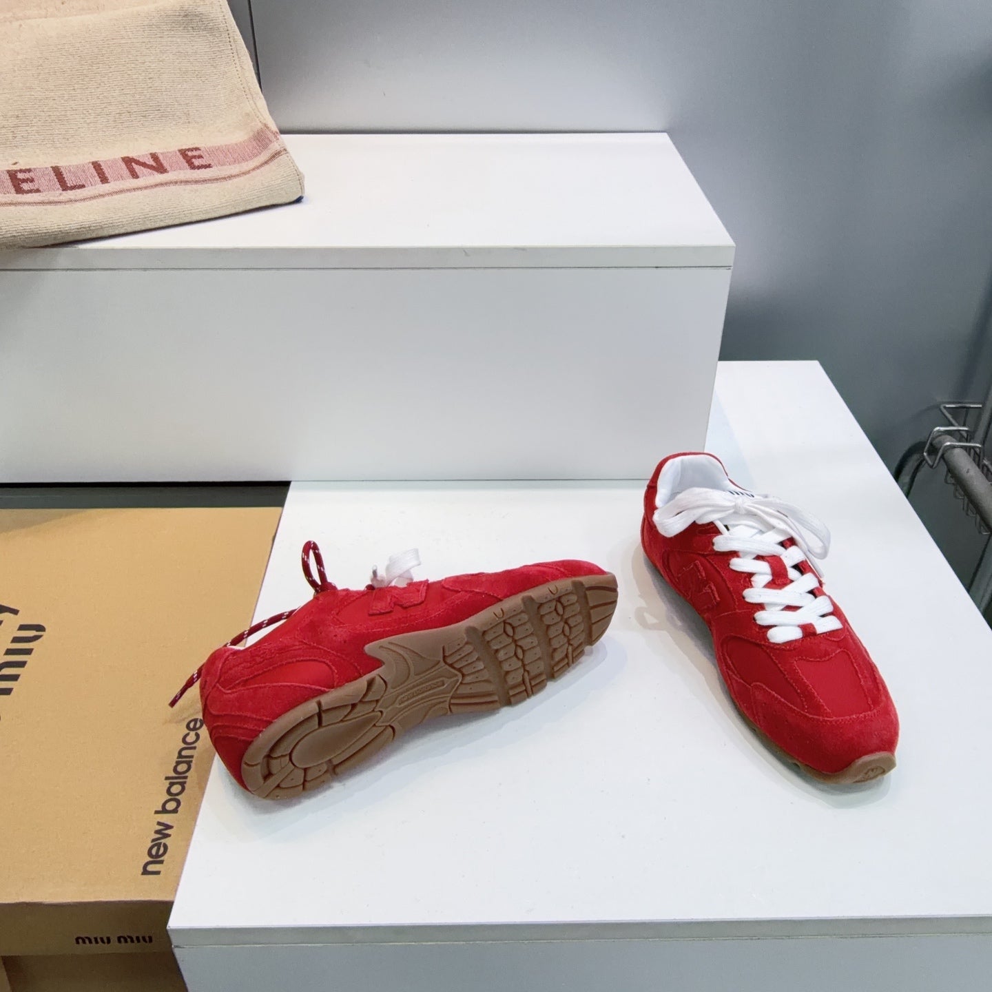 MIUMIU 26S NEW BALANCE SNEAKERS IN DARK RED SUEDE & FABRIC