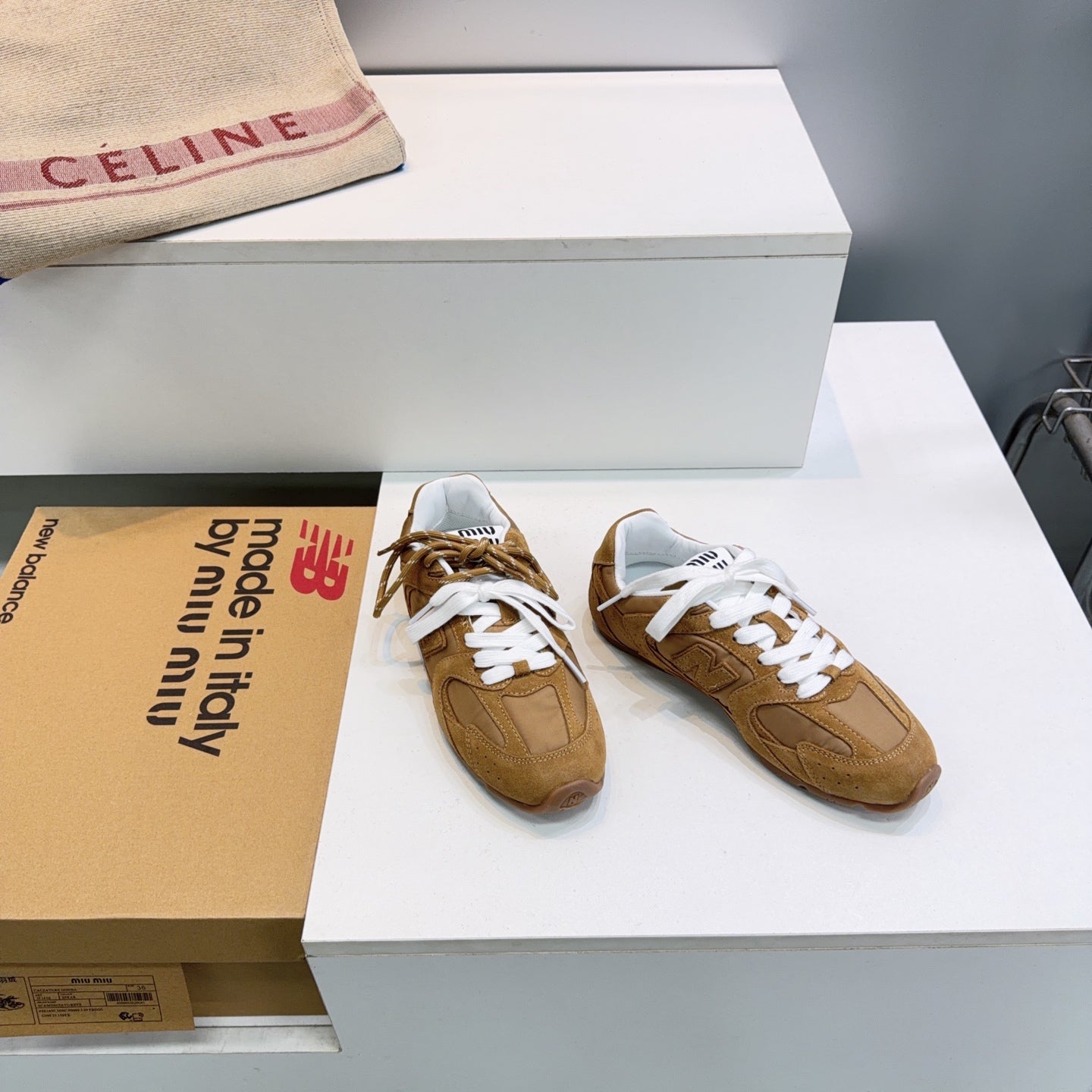 MIUMIU 26S NEW BALANCE SNEAKERS IN TAN BROWN SUEDE & FABRIC