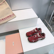MIUMIU 26S SNEAKERS IN DARK RED FABRIC AND SUEDE CRYSTAL EMBELLISHED