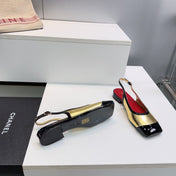 CHANEL 26S SLINGBACK PUMPS IN BLACK AND GOLD PATENT LAMBSKIN