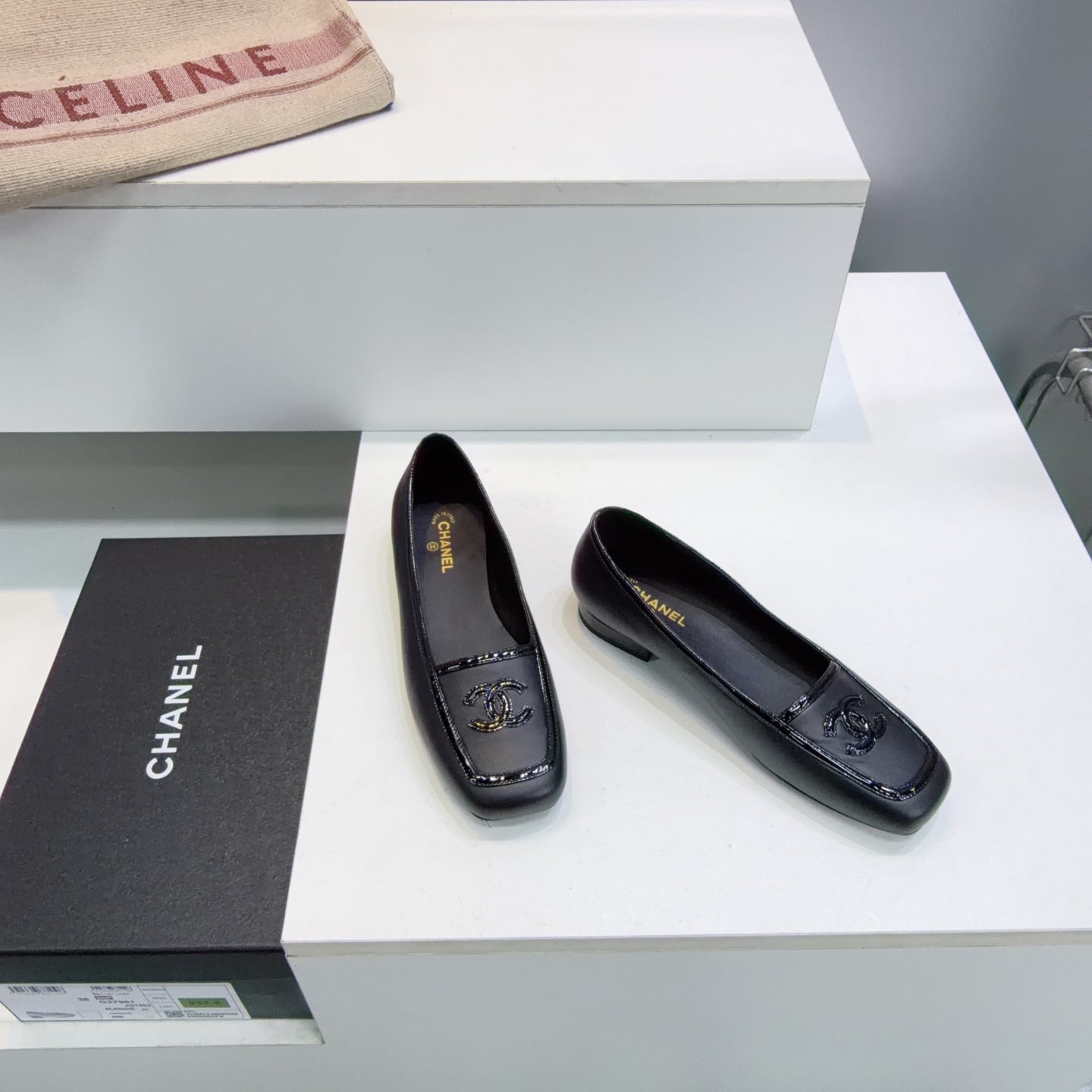 CHANEL 26S SQUARE TOE FLATS IN BLACK CALFSKIN