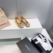 CHANEL 26S SQUARE TOE FLATS IN BEIGE CALFSKIN WITH BLACK PATENT