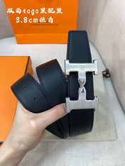 HM H BELT BUCKLE & REVERSIBLE BLACK LEATHER STRAP 38MM SILVER HARDWARE