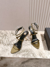 YSL 25S STRAPPY HIGH-HEEL SANDALS 100 MM IN OLIVE GREEN LAMBSKIN