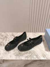 PRADA 25S CRYSTAL EMBELLISHED BALLERINA IN BLACK SUEDE