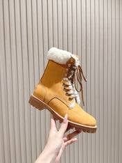 CELINE 25S KURT LACE UP MID BOOT IN MEDIUM ORANGE SUEDE AND SHEARLING