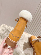 CELINE 25S KURT LACE UP MID BOOT IN MEDIUM ORANGE SUEDE AND SHEARLING
