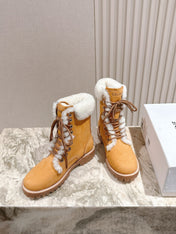 CELINE 25S KURT LACE UP MID BOOT IN MEDIUM ORANGE SUEDE AND SHEARLING