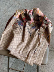 SCARF 200 CM IN MEDIUM BROWN CASHMERE WITH COLORFUL FLOWER 405254