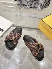 FF KNOT SLIDE SANDALS IN BROWN FABRIC