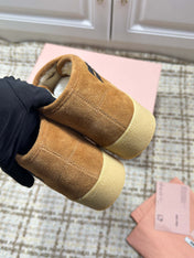 MIUMIU 26S SLIP-ON BOOTIES IN CAMEL BROWN SUEDE WITH SHEARLING