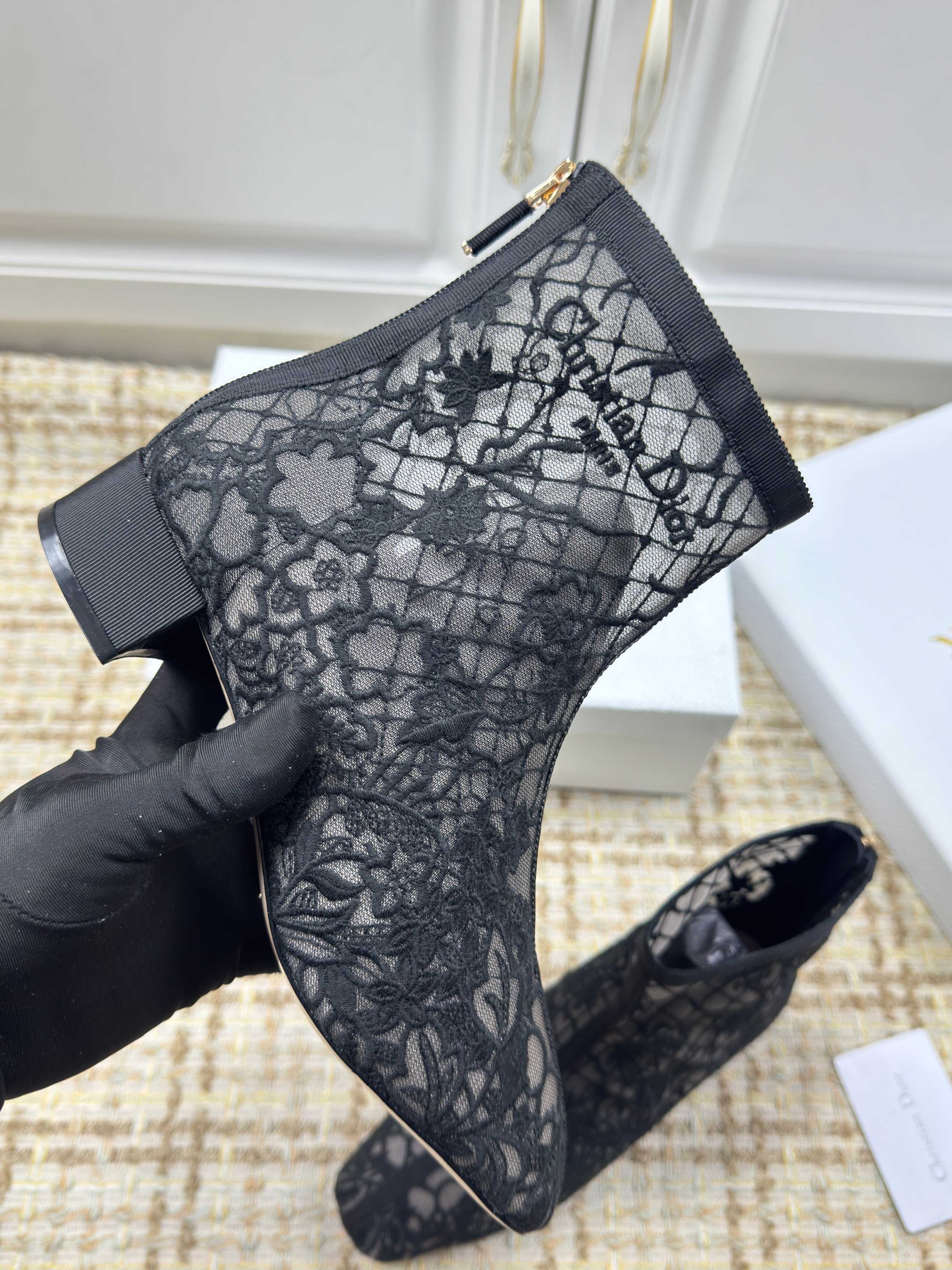 DIOR 26S ANKLE BOOTS 35MM IN BLACK FLORAL LACE MESH BLOCK HEEL