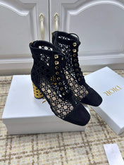 DIOR 26S LACE UP ANKLE BOOTS 80MM IN BLACK OPENWORK LACE SUEDE GOLD HEEL