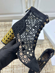 DIOR 26S LACE UP ANKLE BOOTS 80MM IN BLACK OPENWORK LACE SUEDE GOLD HEEL