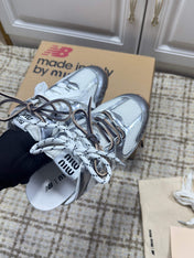 MIUMIU 26S NEW BALANCE SNEAKER MULES IN WHITE MESH AND SILVER CALFSKIN