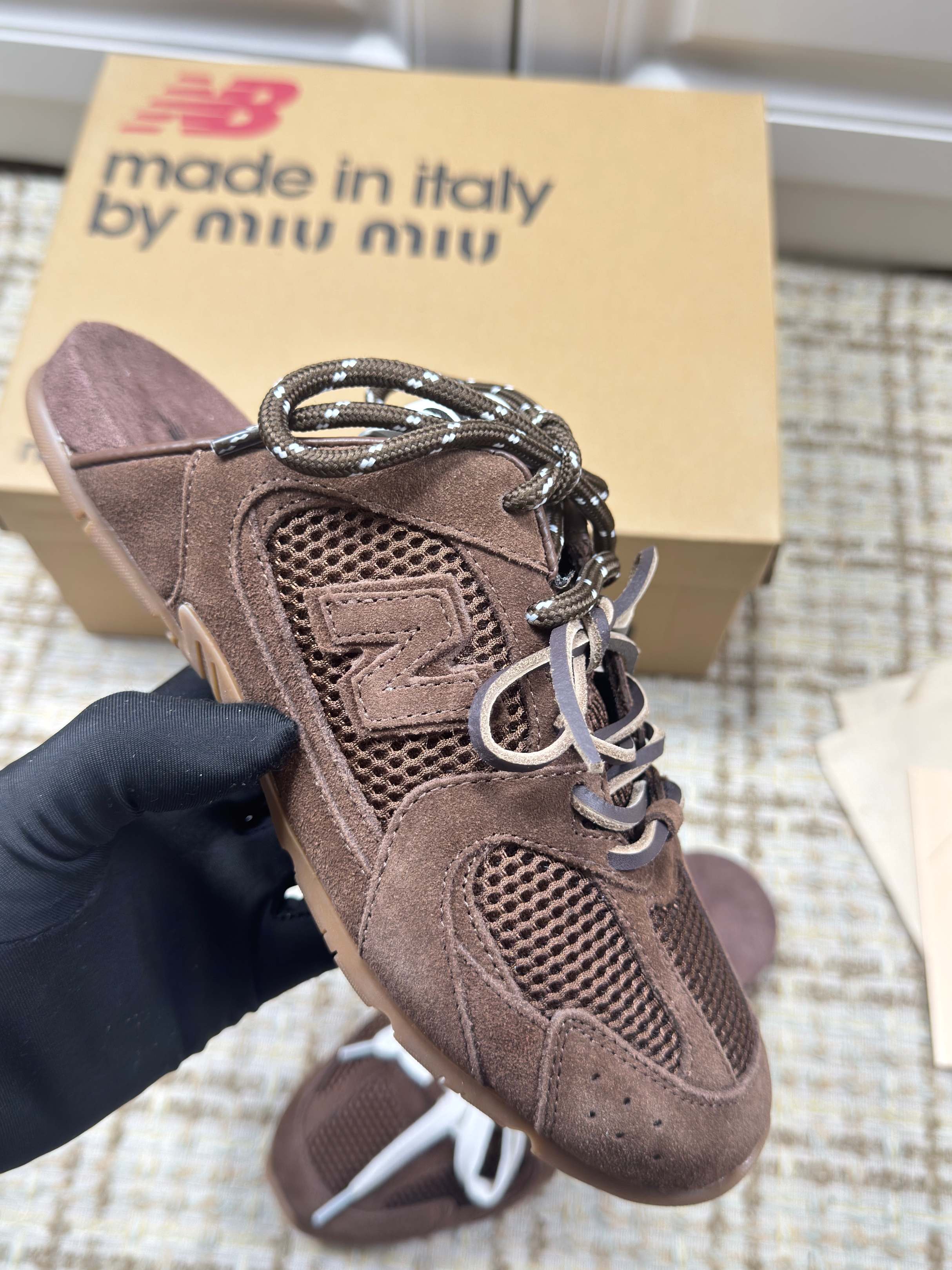 MIUMIU 26S NEW BALANCE SNEAKER MULES IN DARK BROWN SUEDE AND MESH