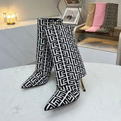 BALMAIN 26S MONOGRAM BOOTS 105 MM IN BLACK AND WHITE JACQUARD-WOVEN CANVAS