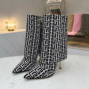 BALMAIN 26S MONOGRAM BOOTS 105 MM IN BLACK AND WHITE JACQUARD-WOVEN CANVAS