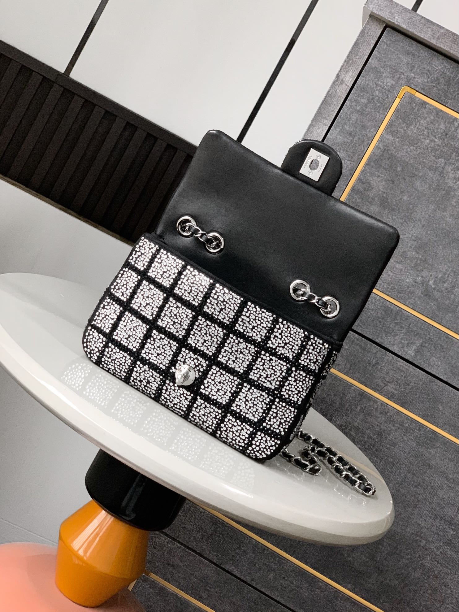 CHANEL 26S CLASSIC FLAP BAG 20 IN BLACK AND WHITE CRYSTAL