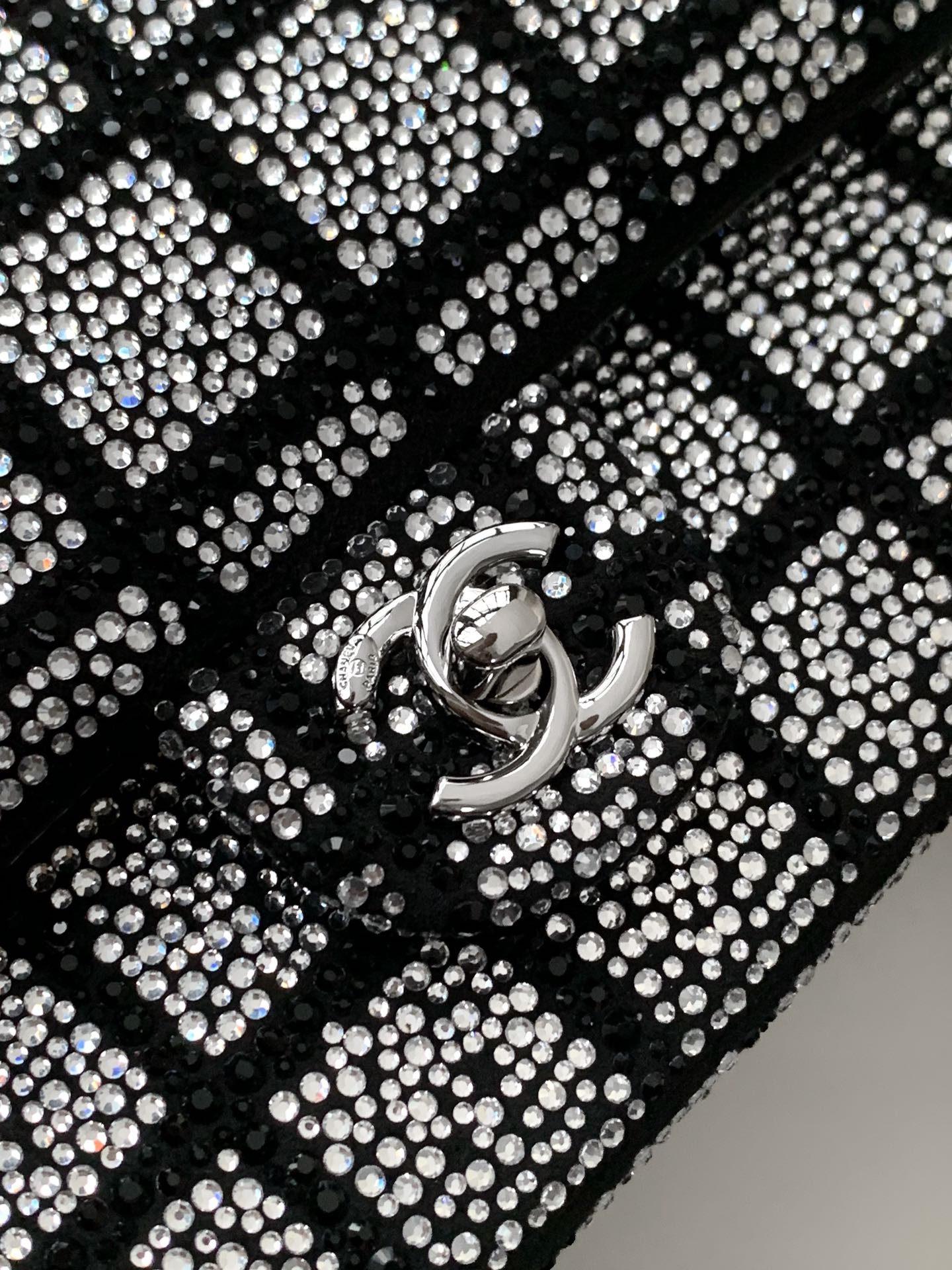 CHANEL 26S CLASSIC FLAP BAG 20 IN BLACK AND WHITE CRYSTAL