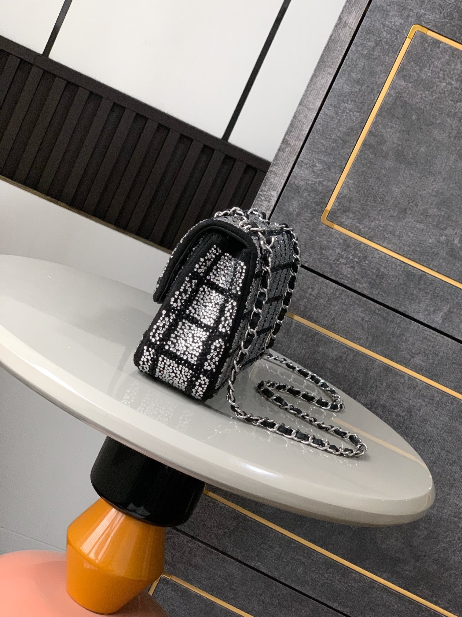 CHANEL 26S CLASSIC FLAP BAG 20 IN BLACK AND WHITE CRYSTAL