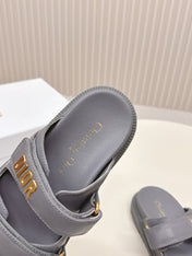 DIOR CLASSIC DOUBLE-STRAP SLIDES 25S IN ASH GRAY CALFSKIN
