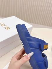 DIOR CLASSIC DOUBLE-STRAP SLIDES 25S IN NAVY BLUE CALFSKIN
