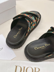 DIOR CLASSIC DOUBLE-STRAP SLIDES 25S IN MULTICOLOR FABRIC AND CALFSKIN