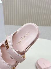 DIOR CLASSIC DOUBLE-STRAP SLIDES 25S IN PASTEL PINK CALFSKIN WITH GOLD HARDWARE