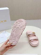 DIOR CLASSIC DOUBLE-STRAP SLIDES 25S IN PASTEL PINK CALFSKIN WITH GOLD HARDWARE
