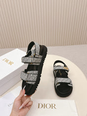 DIOR BACK-STRAP SANDALS 25S IN GREY FABRIC AND BLACK CALFSKIN WITH GOLD HARDWARE