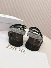 DIOR BACK-STRAP SANDALS 25S IN GREY FABRIC AND BLACK CALFSKIN WITH GOLD HARDWARE