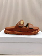 DIOR CLASSIC DOUBLE-STRAP SLIDES 25S IN BROWN CALFSKIN