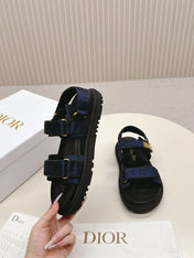 DIOR BACK-STRAP SANDALS 25S IN MIDNIGHT BLUE FABRIC AND BLACK CALFSKIN WITH GOLD HARDWARE
