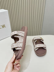 DIOR CLASSIC DOUBLE-STRAP SLIDES 25S IN ROSE BROWN TWEED AND CALFSKIN