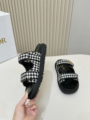 DIOR CLASSIC DOUBLE-STRAP SLIDES 25S IN WHITE MIX BLACK TWEED AND CALFSKIN