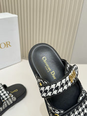 DIOR CLASSIC DOUBLE-STRAP SLIDES 25S IN WHITE MIX BLACK TWEED AND CALFSKIN