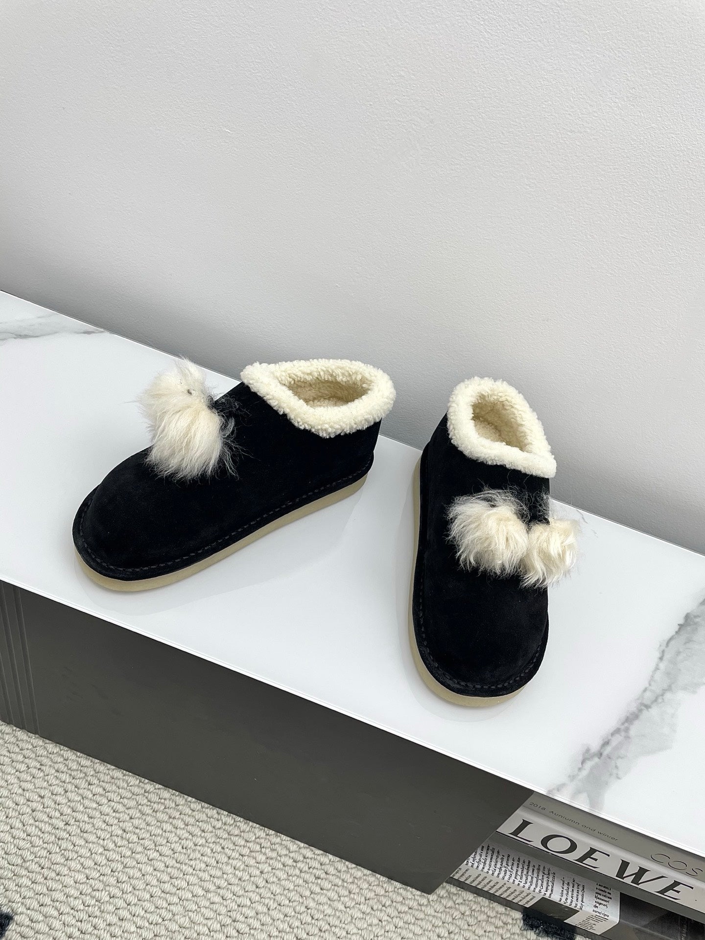 MIUMIU 26S ANKLE SHEARLING BOOTS IN BLACK SUEDE